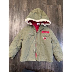 4T Toddler Winter Airplane Pilot Bomber Olive Green Jacket with Red Lining
